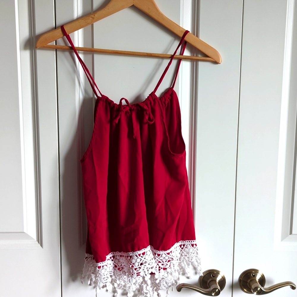 Red, flowy, NOBO, tank top with lacy bottom
